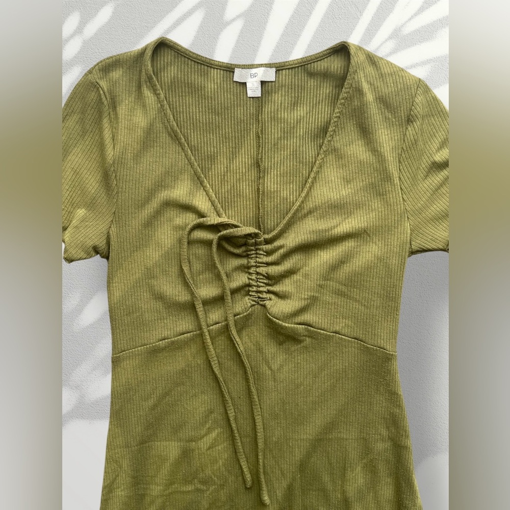 BP Nordstrom Green V-Neck Lettuce Edge Ribbed Dress Size Small